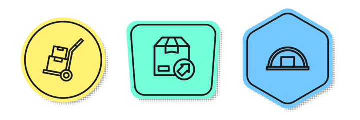 Poster - set line hand truck and boxes, carton cardboard and warehouse. colored shapes. vector