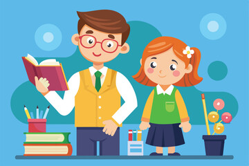 Poster - A cheerful teacher holds a book while standing beside a smiling student in a classroom setting, Teacher student Customizable Cartoon Illustration