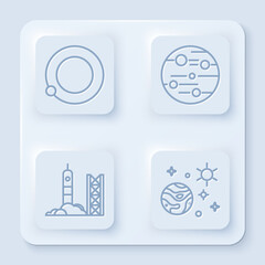 Poster - Set line Satellites orbiting the planet Earth, Planet Mars, Rocket launch from the spaceport and Space and planet. White square button. Vector