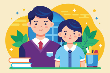 Poster - A cheerful teacher and student stand together amidst books and plants in a vibrant classroom atmosphere, Teacher student Customizable Disproportionate Illustration