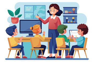 Poster - A teacher engages with students sitting at their desks, using technology to enhance learning, Teacher teaching by computer