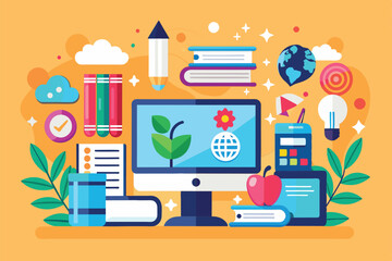 Poster - A vibrant illustration features a computer, books, and various educational icons, highlighting a learning environment, Teaching Customizable Flat Illustration