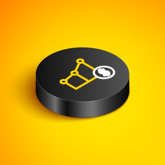 Poster - Isometric line Pie chart infographic and dollar symbol icon isolated on yellow background. Diagram chart sign. Black circle button. Vector