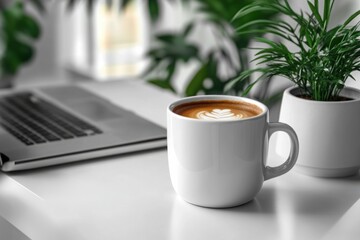 Poster - Coffee break by laptop with green plants in modern minimalist white office space