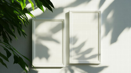 Poster - Two white frames with leaf shadows on wall for minimalist interior design