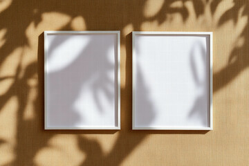Poster - Minimalist interior design with two blank white frames on textured wall