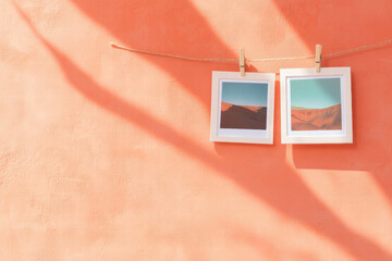 Poster - Minimalist decor with two white photo frames on twine against coral wall background