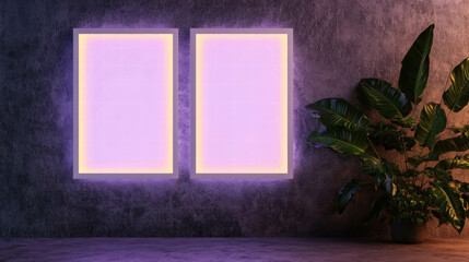 Poster - Modern art display with glowing frames and tropical foliage