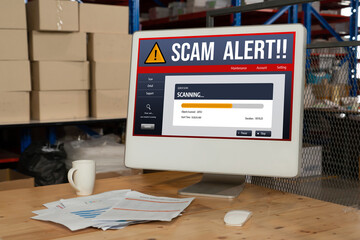 Poster - cyber security software show alert of cyber attack for protection snugly. danger from virus, phishin