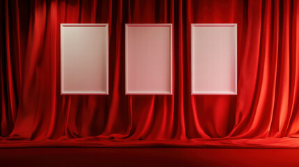 Poster - Modern art design featuring three white frames on luxurious red fabric background