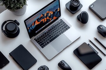 Poster - Workspace with Laptop and Gadgets