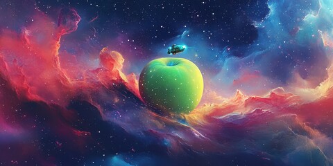 Wall Mural - an apple floats in space with a spacecraft nearby in the cosmos