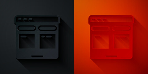 Poster - paper cut online translator icon isolated on black and red background. foreign language conversation