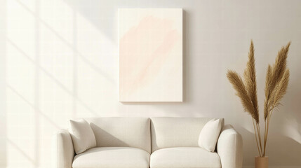 Poster - Minimalist living room with beige sofa and abstract wall art