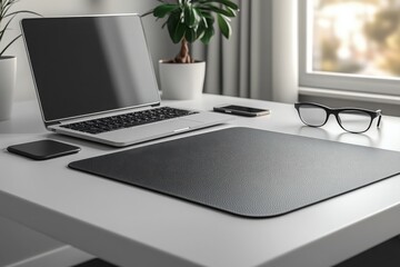 Poster - Minimalist workspace with laptop accessories and plant for a modern aesthetic