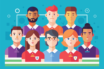 Poster - A colorful flat illustration showcasing a customizable team lineup with eight members in various shirts, Team lineup Customizable Flat Illustration