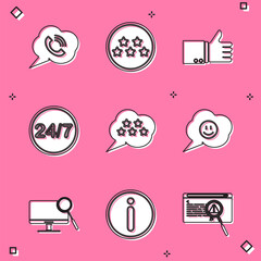 Poster - set speech bubble with phone call, five stars rating review, hand thumb up, clock 24 hours, smile fa