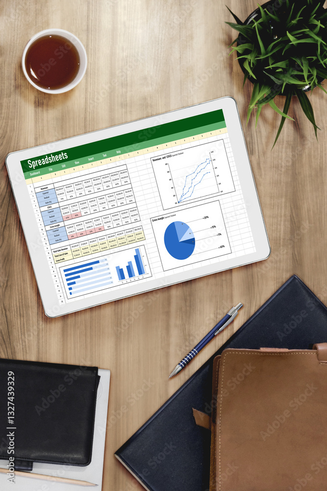 Spreadsheet document information financial startup concept. data and ...