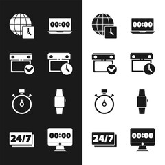 Poster - set calendar and clock, with check mark, world time, clock on laptop, stopwatch, smartwatch, monitor