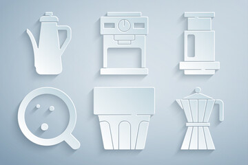 Poster - Set Glass with water, Aeropress coffee, Coffee cup, moca pot, machine and Teapot icon. Vector