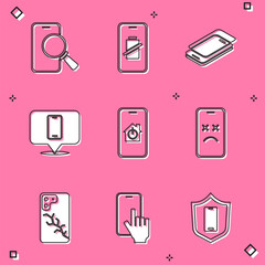 Poster - set phone repair service, smartphone battery charge, glass screen protector, mobile with smart home,