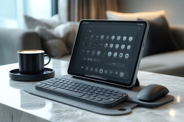 Poster - Tablet setup on marble table with keyboard mouse and coffee in a serene setting