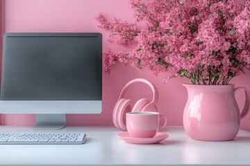 Poster - Pink home office with computer flowers headphones and a cup of tea on a desk