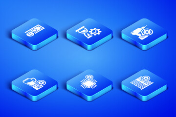 Poster - set server setting, fast payments, processor, blender with bowl, hourglass and drill machine icon. v