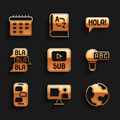 Poster - set video with subtitles, earth globe, creative lamp light idea, new chat messages notification, spe