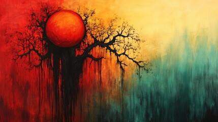 Poster - Surreal sunset, dripping tree, vibrant colors, fantasy landscape, art print
