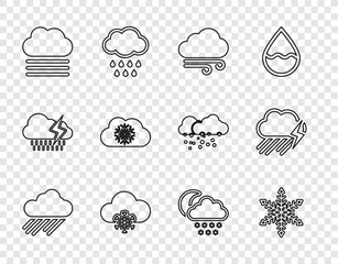 Poster - set line cloud with rain, snowflake, windy weather, snow, fog and cloud, moon and lightning icon. ve