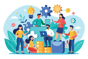 Poster - a diverse group of individuals collaborates in a vibrant workspace, sharing ideas and solutions, tea