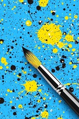 Poster - Artistic Expression: A Paintbrush and Vibrant Splatters on Canvas Backdrop