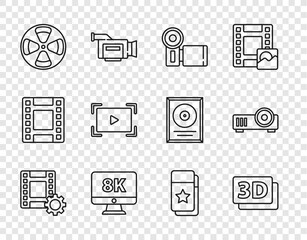 Poster - Set line Play Video, 3D word, Cinema camera, Monitor with 8k, Film reel, Online play video, ticket and Media projector icon. Vector