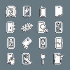 Poster - Set line Glass screen protector, Phone repair service, Mobile with broken, Multimeter and icon. Vector