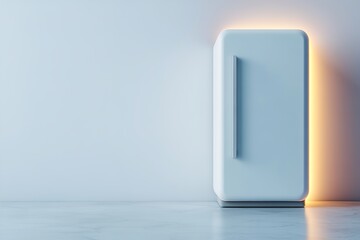Poster - Stylish 3D-rendered fridge icon features smooth edges and warm lighting, set against a neutral background, perfect for branding applications in modern kitchens