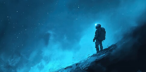 Wall Mural - an astronaut wearing a helmet exploring a dark mysterious environment
