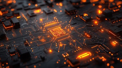 Poster - Circuit board with glowing microchip, technological design, illuminated