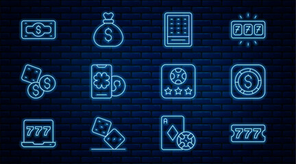 Poster - Set line Lottery ticket, Coin money with dollar, Online poker table game, Game dice, Stacks paper cash, and Money bag icon. Vector