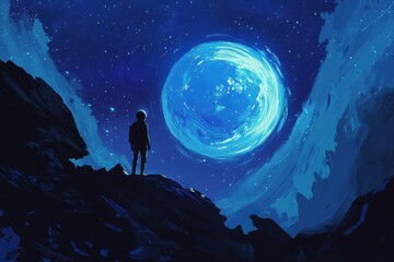 Wall Mural - an astronaut looking at a huge blue orb in the night sky