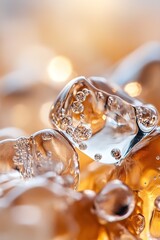 Poster - Intricate details of amber showcase tiny air bubbles inside, refracting golden light beautifully. Warm caramel hues enhance the organic feel, perfect for nature-centric branding