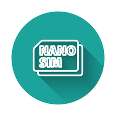 Poster - White line Nano Sim Card icon isolated with long shadow. Mobile and wireless communication technologies. Network chip electronic connection. Green circle button. Vector