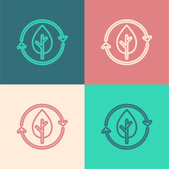 Poster - Pop art line Recycle symbol and leaf icon isolated on color background. Environment recyclable go green. Vector