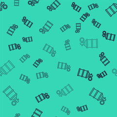 Poster - Black line Hand smoke grenade icon isolated seamless pattern on green background. Bomb explosion. Vector