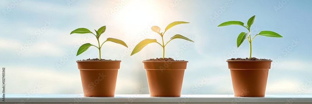 Seedlings Growing in Pots on Sunny Windowsill - Three stages of plant ...