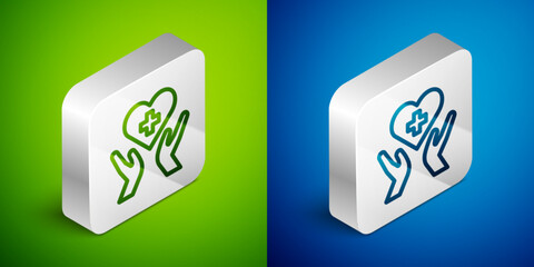 Poster - Isometric line Heart with a cross icon isolated on green and blue background. First aid. Healthcare, medical and pharmacy sign. Silver square button. Vector