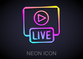 Fototapete - Glowing neon line Live streaming online videogame play icon isolated on black background. Vector
