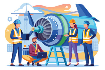 Poster - a group of technicians evaluates a turbine, focusing on performance and safety protocols in a worksh