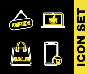 Poster - set line shopping basket on laptop, mobile and shopping cart, bag with sale and hanging sign open do