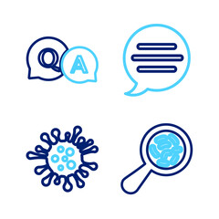 Poster - Set line Microorganisms under magnifier, Bacteria, Speech bubble chat and Question and Answer icon. Vector